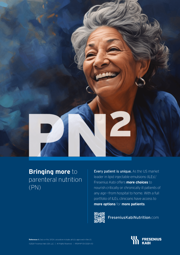 A smiling elderly woman and text: Bringing more to parenteral nutrition (PN). Every patient is unique. As the US market leader in lipid injectable emulsions (ILEs), Fresenius Kabi offers more choices to nourish critically or chronically ill patients of any age-from hospital to home. With a full portfolio of ILEs, clinicians have access to more options for more patients.