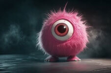 A monster with a round body covered in thick purple fur, a huge, square eye that takes up almost its entire body, two small legs with white claws, standing on a black uneven shiny surface. Behind it, gray mist swirls.