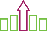An icon featuring four light green bar graph columns with a prominent fuchsia upward-pointing arrow in the center