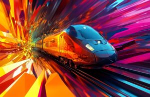 Futuristic high-speed train moving through a vibrant, abstract tunnel of colorful geometric shapes