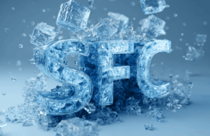 An image featuring the letters "SFC" made of ice, with ice cubes and splashes of water around them