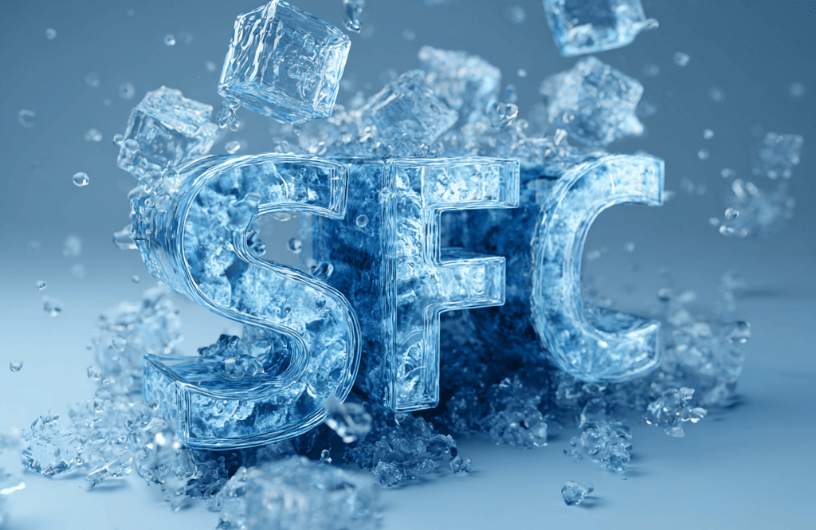 An image featuring the letters "SFC" made of ice, with ice cubes and splashes of water around them