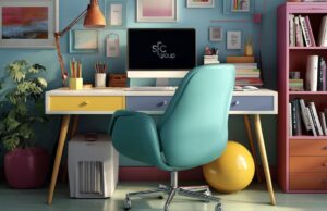 Colorful home office setup with a teal desk chair, modern desk featuring yellow and blue drawers, a desktop computer displaying “sfc group,” and various stationery, books, and artwork in the background. A yellow exercise ball is tucked under the desk, and a potted plant is on the left.