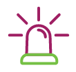 A pink outline icon of a police siren or flashing light on a green base, with pink lines radiating outwards.