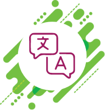 A circular icon shows two overlapping speech bubbles outlined in pink. The top speech bubble contains a stylized Chinese character, and the bottom one contains a capital letter 'A'. The icon is on a dark green background with various abstract green shapes.