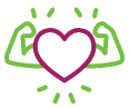 An icon with a magenta outline showing a heart in the center, with a pair of strong, flexed arms (biceps) outlined in light green on either side