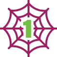 A magenta outline of a spiderweb with a large green number '1' in the center, all on a dark green background.