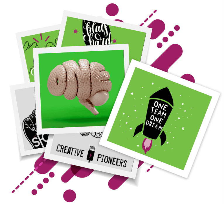 Collage of five overlapping polaroid-style images on white background with purple abstract shapes: brain model, rocket with "ONE TEAM ONE DREAM", "Play Hard" text, hand gesture, and "CREATIVE PIONEERS" with lightning bolt.