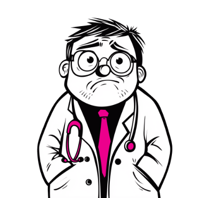Cartoon illustration of a worried middle-aged male doctor with thick round glasses, furrowed brow, downturned mouth, stethoscope around neck, pink tie, and white lab coat, looking anxious or confused against a black background