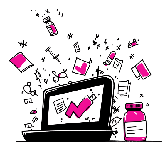 Cartoon illustration of a laptop displaying a large pink checkmark and documents, surrounded by floating medical and digital icons including pills, capsules, prescription bottles, syringes, medical charts, and abstract particles, symbolizing successful online pharmacy, telemedicine, or digital health management on a black background
