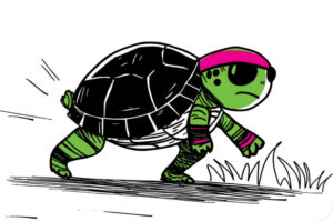 Cartoon green turtle with black shell, pink headband, and pink armbands sprinting determinedly across grass with motion lines, showing focused effort and speed.
