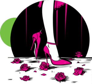 Illustration of a woman's leg in a pink high-heeled shoe surrounded by scattered pink roses, with a black circular background and drips of paint.