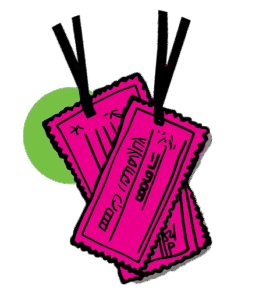 Illustration of two pink event tickets with scalloped edges and black string tags, layered against a green circle background.